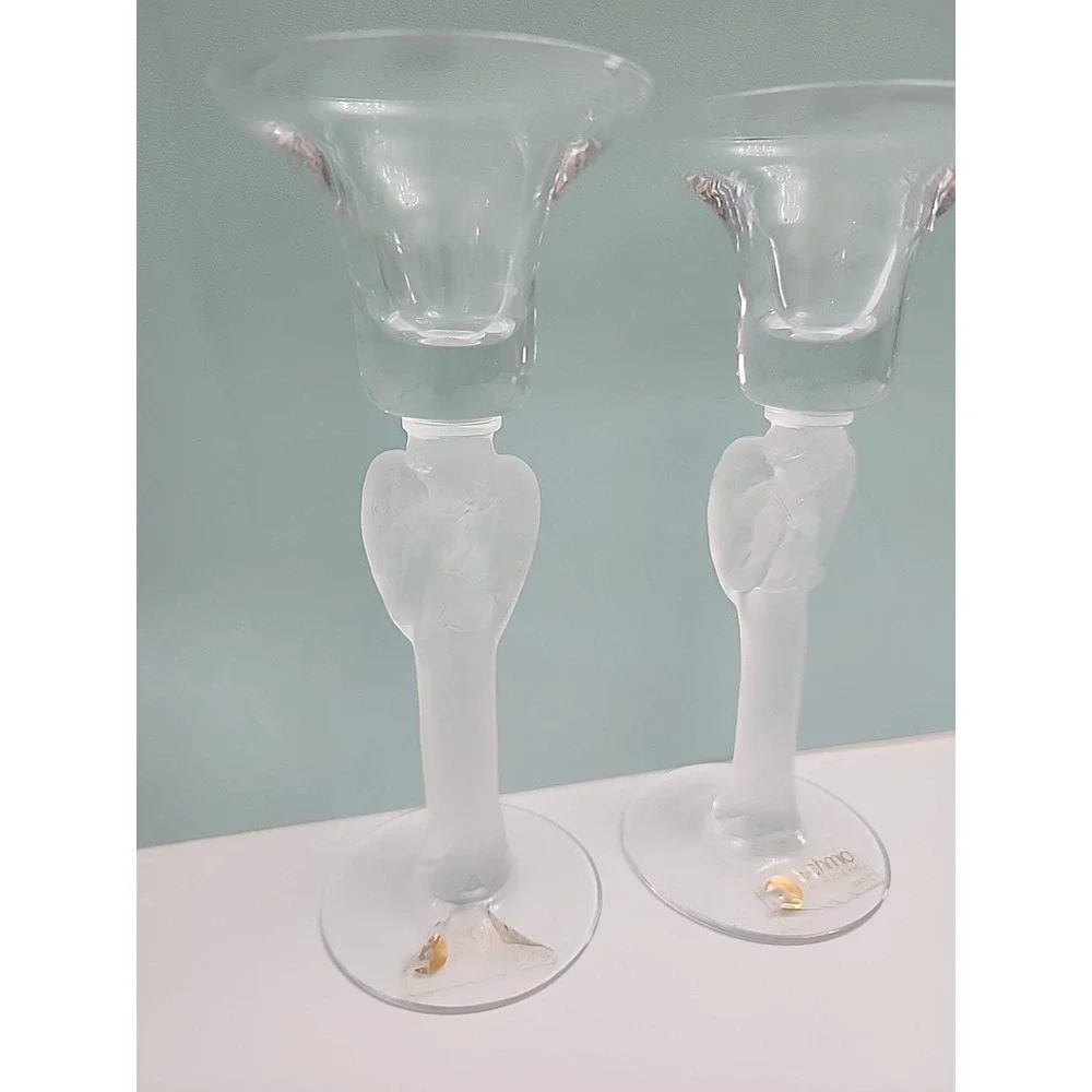 Schmid Folio Of France Hand Blown‎ Frosted Angel Candle Stick Set Of 2- Vintage
